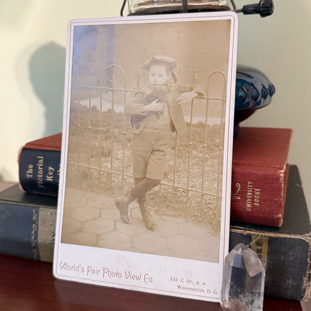 Antique Cabinet Photo Boy with Dog Worlds Fair